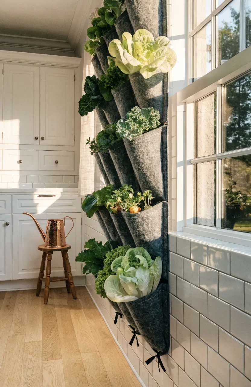 A vertical felt garden bag hanging on a kitchen wall filled with fresh lettuce and kale.