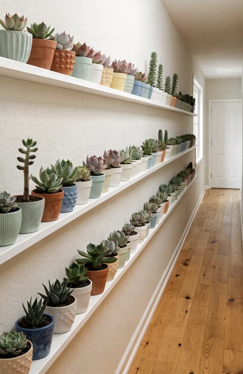 Three white picture ledges on a hallway wall holding a variety of small colorful succulent pots.