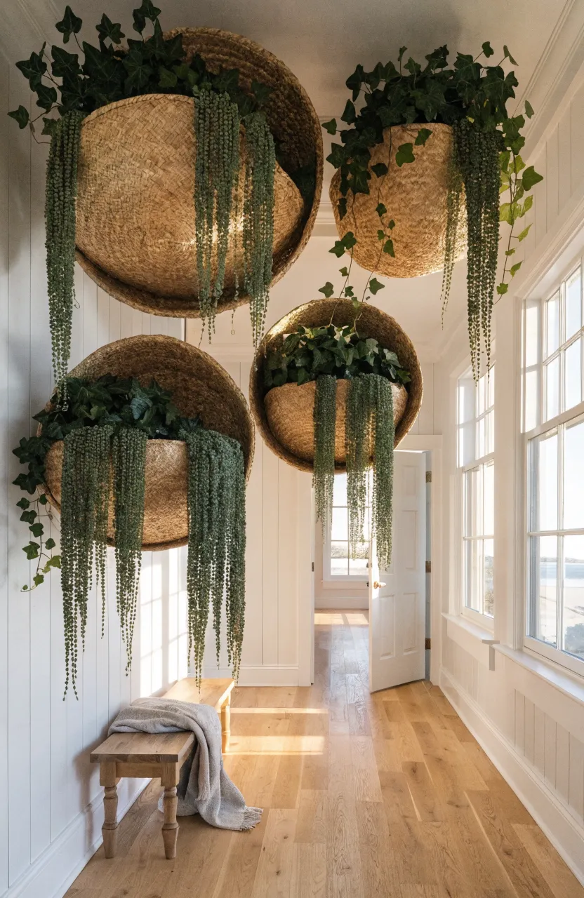 Woven seagrass baskets mounted on a white shiplap wall holding cascading trailing ivy plants.
