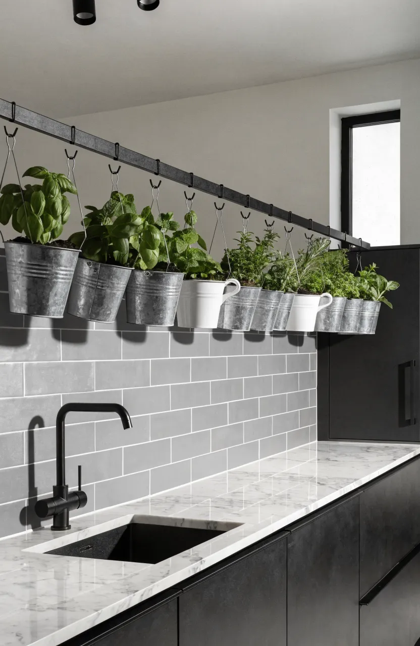 A minimalist kitchen wall with a black metal rail holding various hanging herb pots using S-hooks.