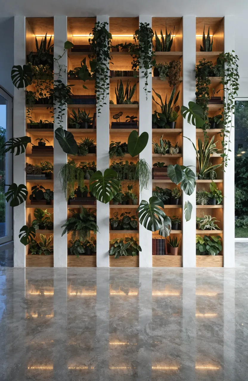 Modern built-in wooden wall shelves filled with lush green plants and illuminated by warm recessed LED grow lights.