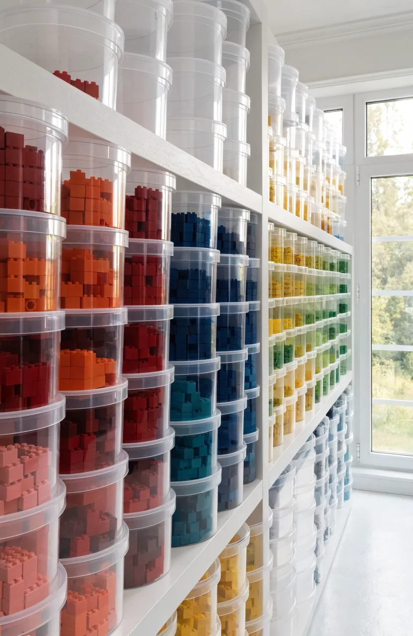 Transparent plastic bins filled with color-coded Lego bricks stacked neatly on white shelves.