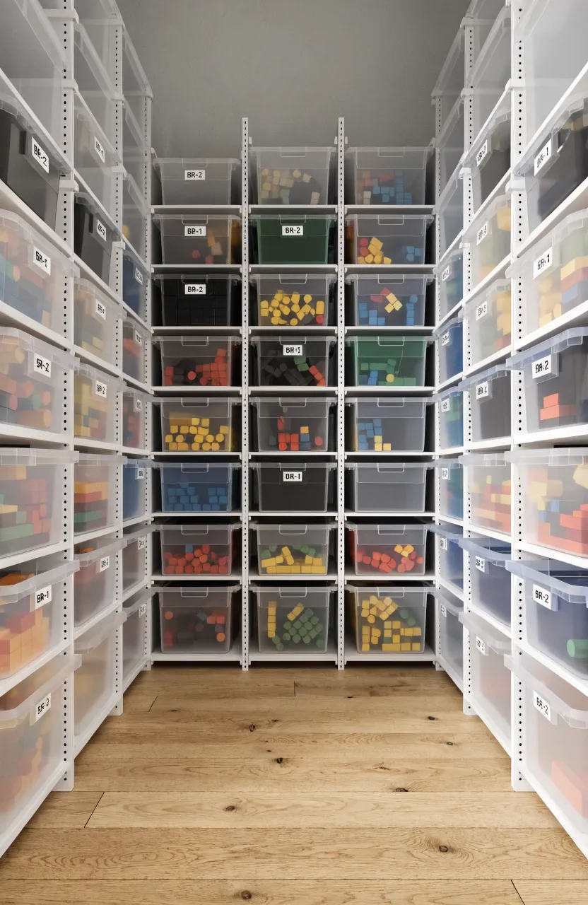 Ikea Trofast storage system with sliding bins used for organizing bulk Lego bricks in a tidy room.