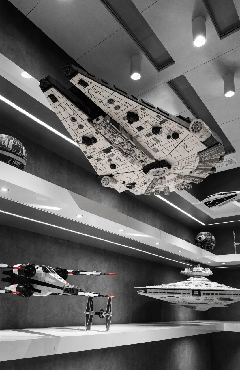 Star Wars Lego sets displayed on white floating shelves against a dark grey wall.