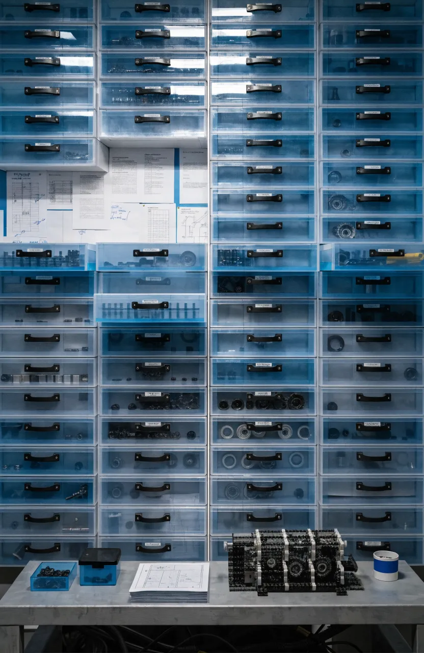 Small hardware drawers organized with tiny Lego Technic parts in a professional workshop setting.