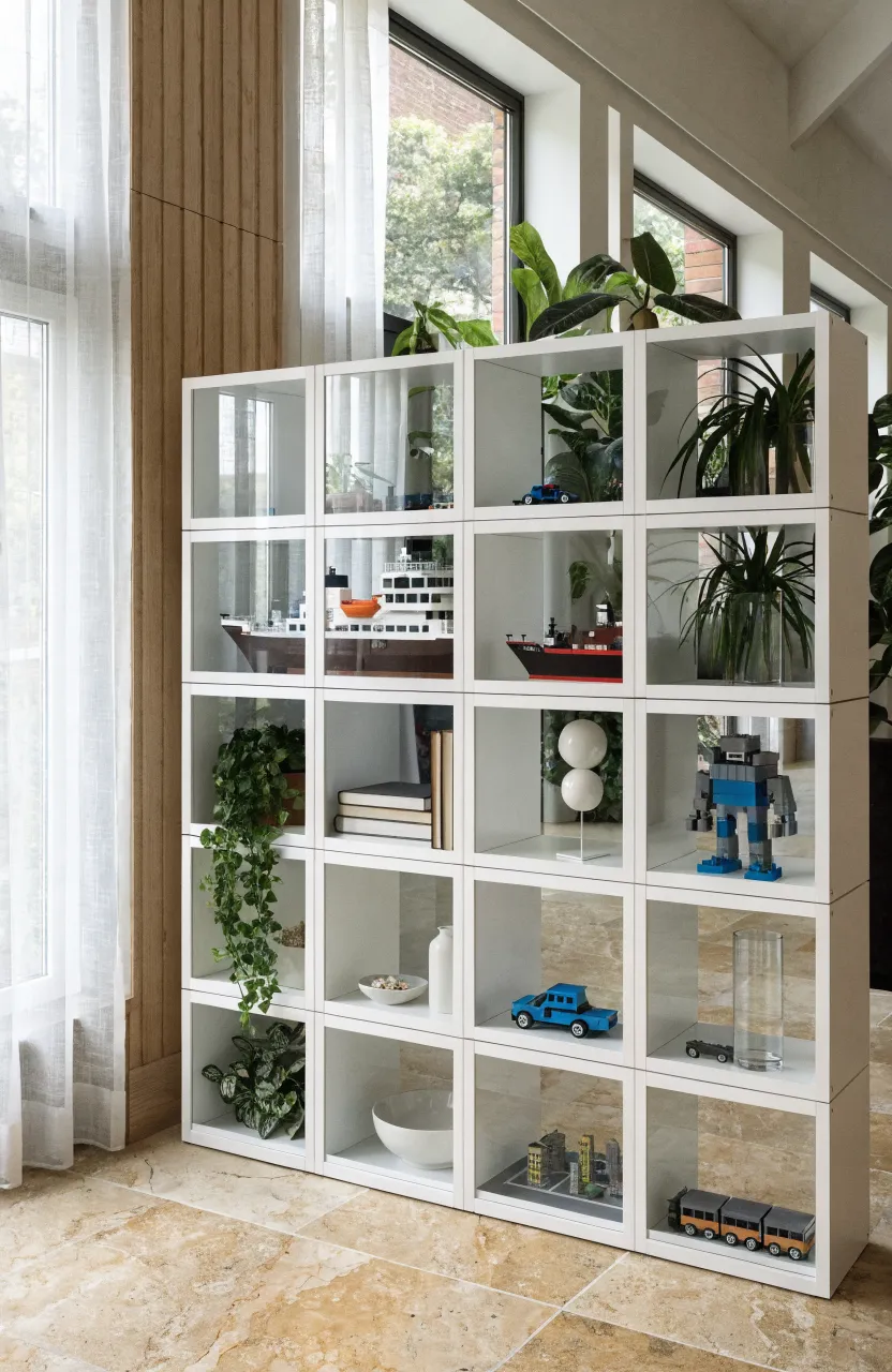 White Ikea Kallax shelves with glass doors displaying Lego sets in a modern living room.