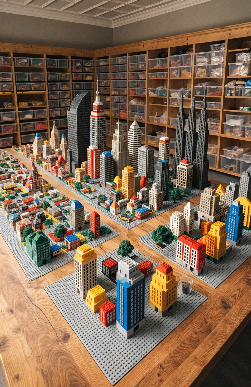 A custom wooden building table with grey Lego baseplates built into the surface for construction.