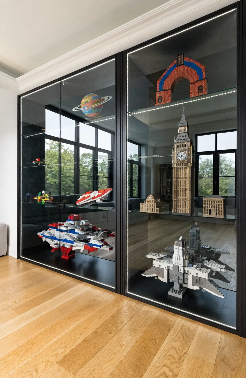 Large glass-door cabinets in a modern room displaying complex Lego models with internal LED lighting.