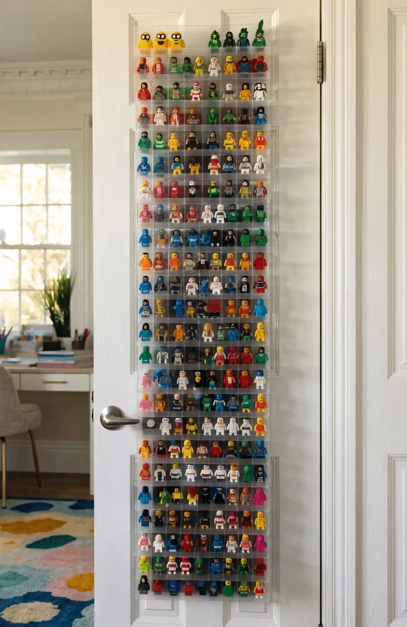 A white door with a clear pocket organizer filled with hundreds of colorful Lego minifigures.