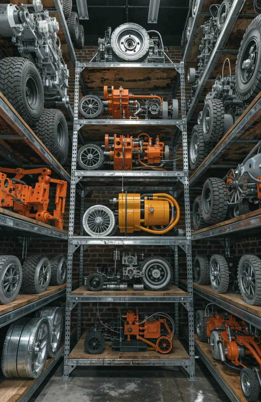 Sturdy industrial metal shelves holding heavy Lego Technic car models in a workshop setting.