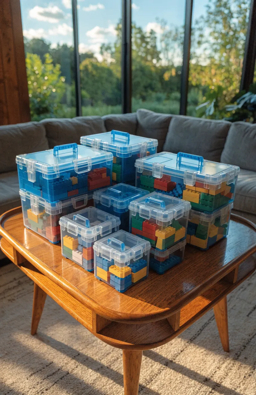 Portable plastic storage cases with sorted Lego pieces on a wooden coffee table in a sunny room.
