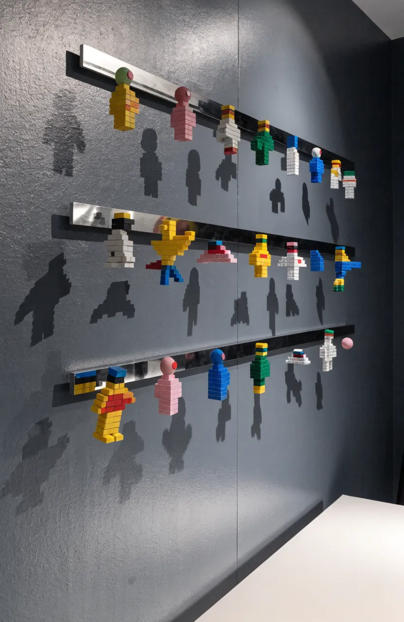 Magnetic strips mounted on a dark wall holding Lego minifigures in a floating display.