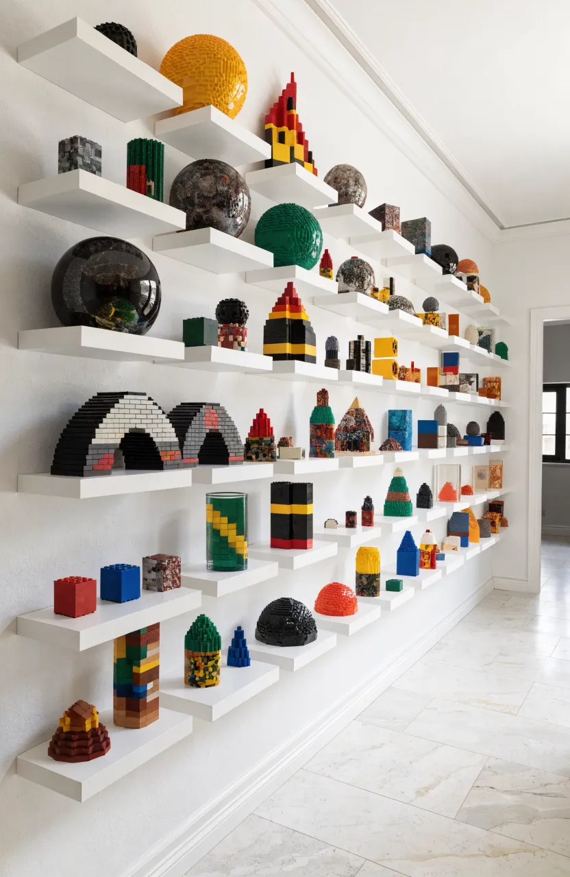 A large white wall featuring staggered floating shelves filled with various Lego sets.