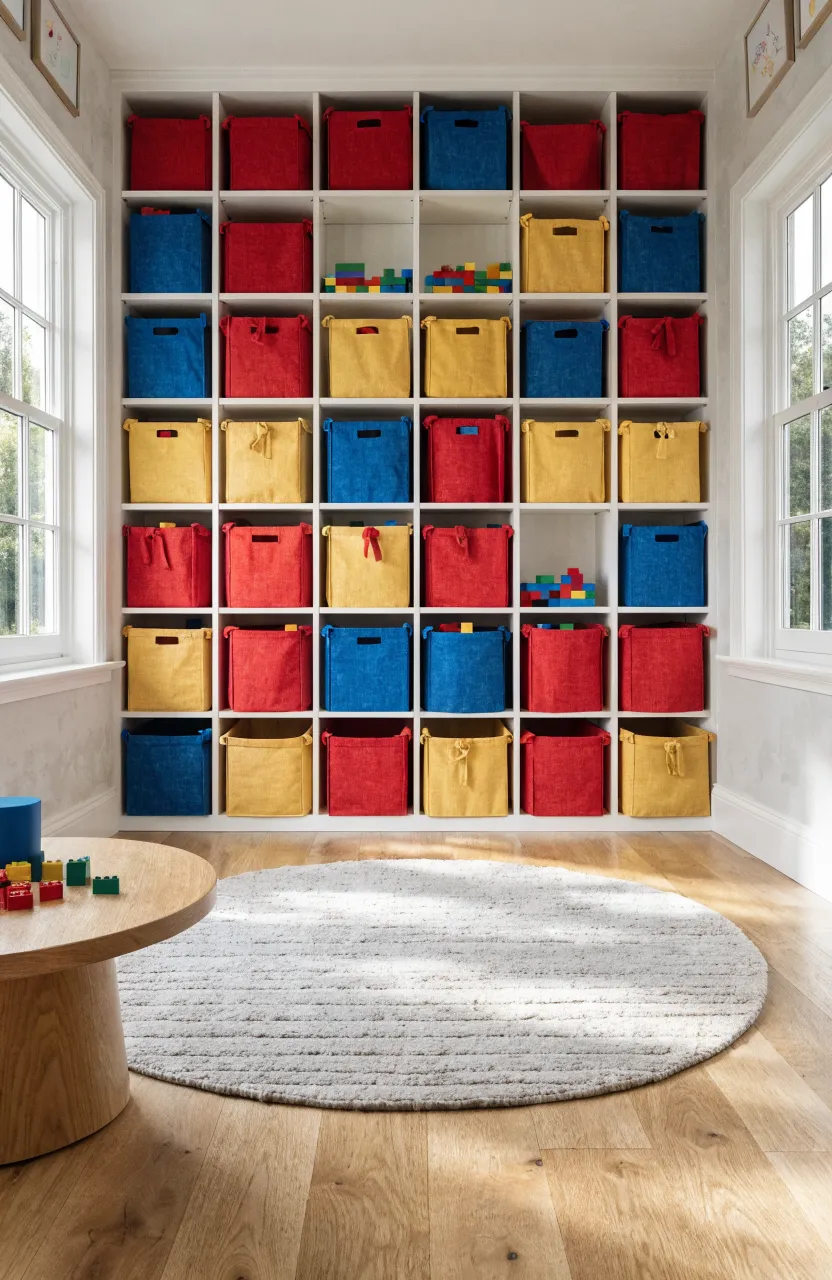 A white shelving unit with red, blue, and yellow fabric bins in a bright, modern playroom.