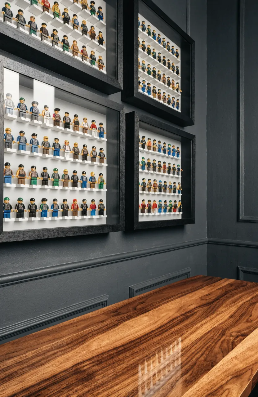 A grid of black shadow boxes on a dark wall displaying organized rows of Lego minifigures.
