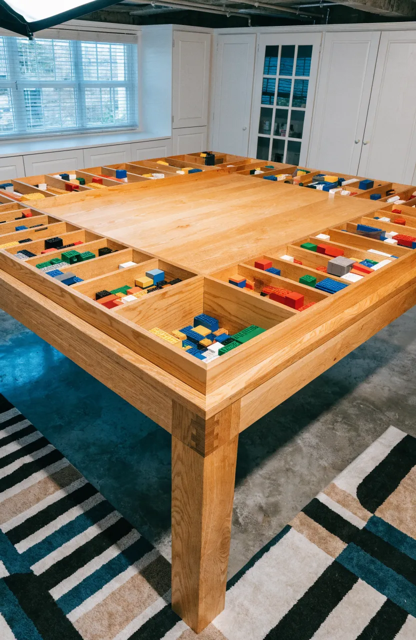 A large wooden building table with built-in side gutters filled with colorful Lego pieces.