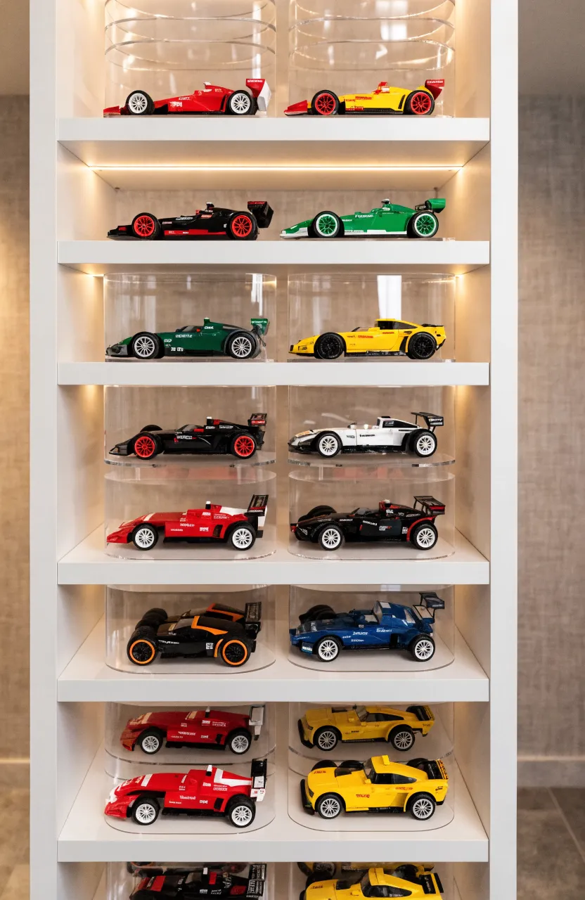 Small Lego cars displayed on tiered clear acrylic racks inside a white bookshelf.