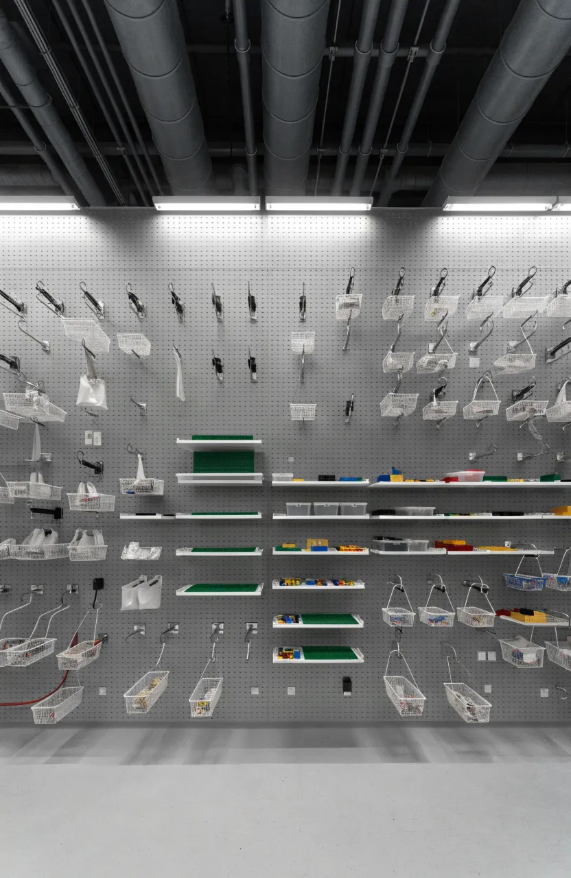 A large grey pegboard wall with hooks and baskets holding various Lego parts and plates.