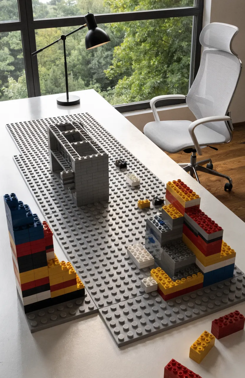 A modern white desk with grey Lego baseplates built into the surface for building.