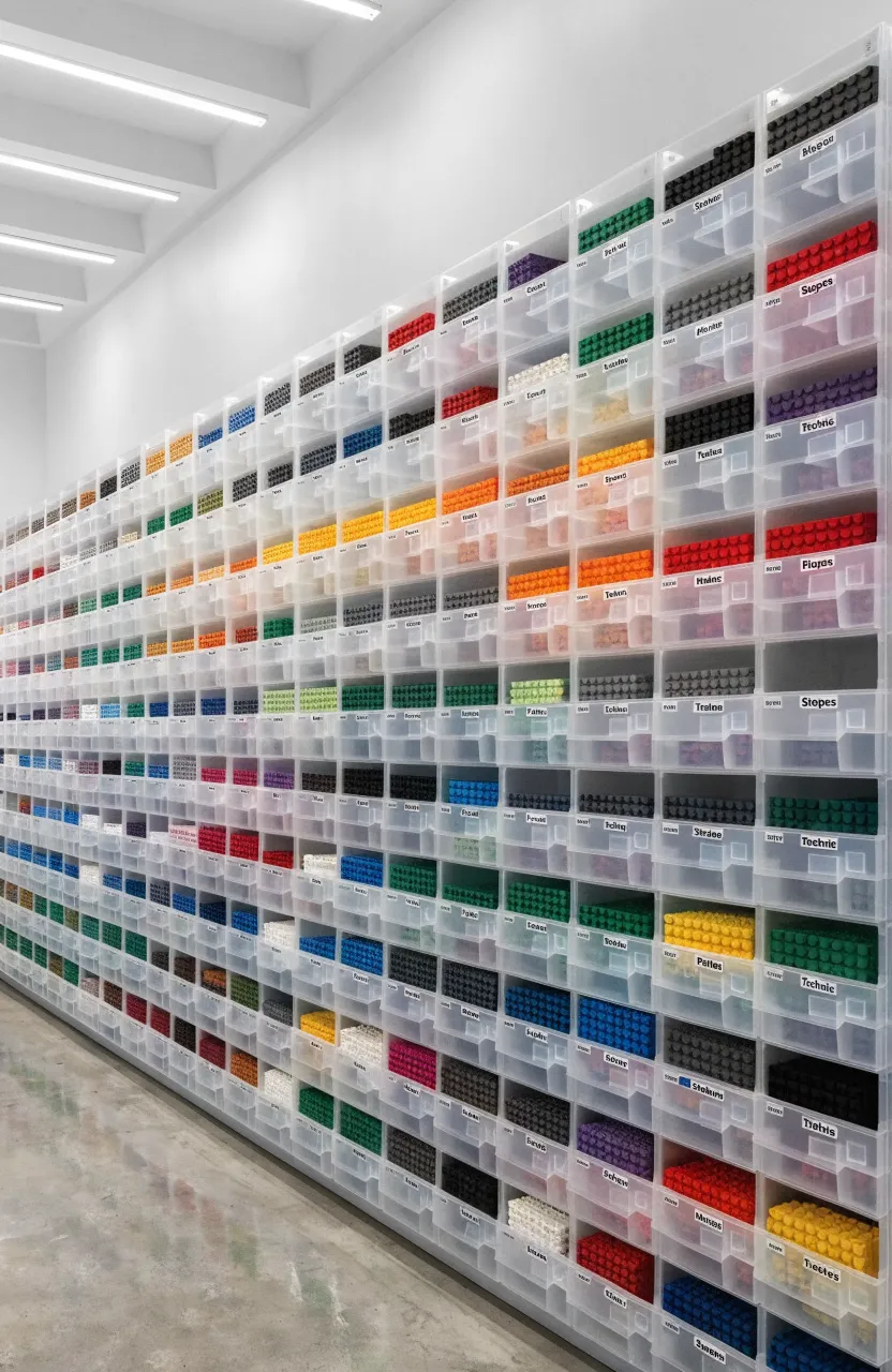 A wall of clear plastic drawers with labels for different types of Lego pieces.