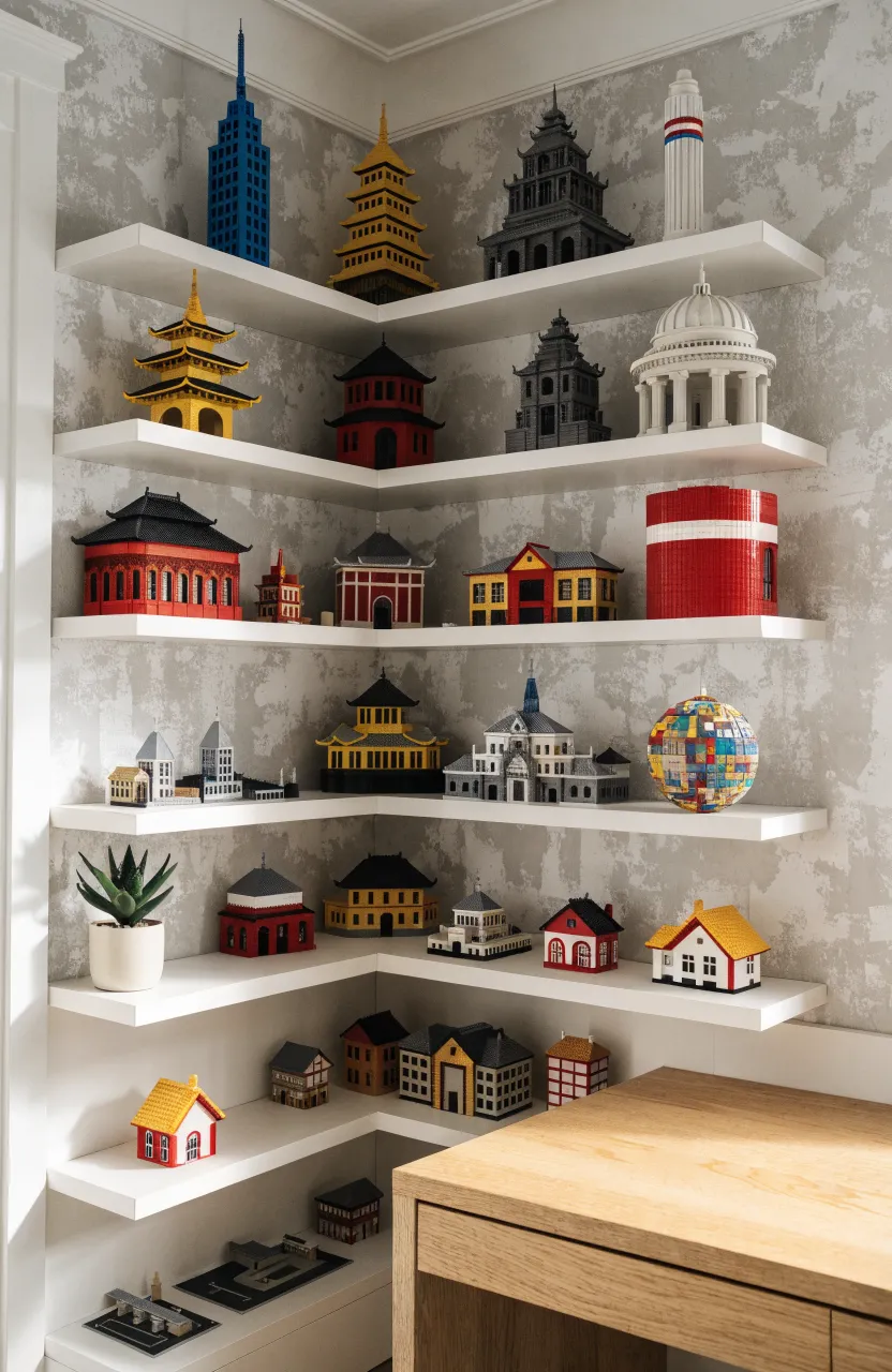A white tiered corner shelf unit displaying various Lego buildings in a clean, modern office corner.