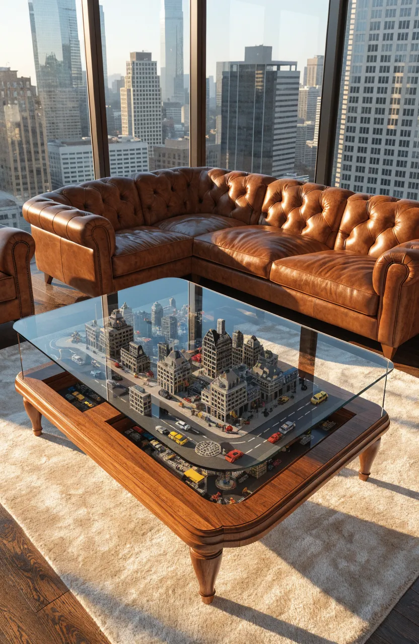 A luxury glass-top coffee table showcasing a detailed Lego city scene inside, set in a modern living room.