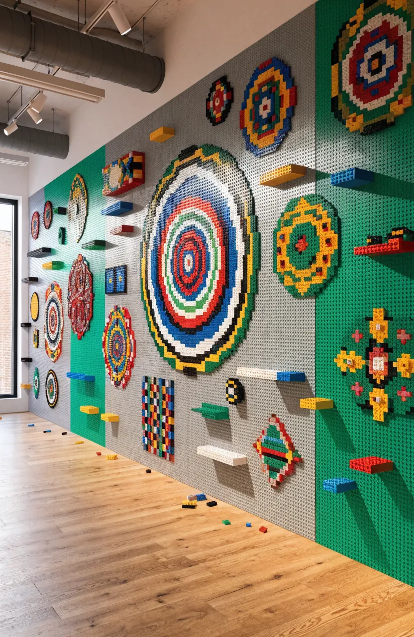 A wall covered in Lego baseplates with colorful 3D brick creations attached vertically in a bright room.