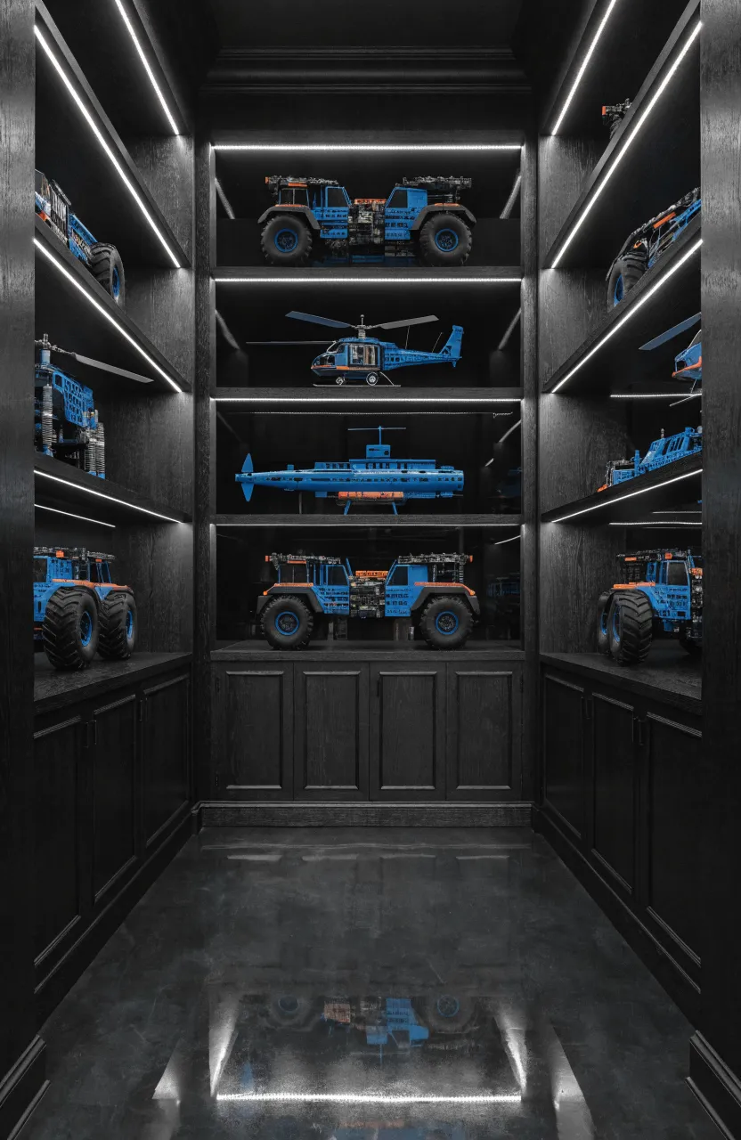 Black bookcases with integrated LED lighting highlighting detailed Lego Technic cars on the shelves.