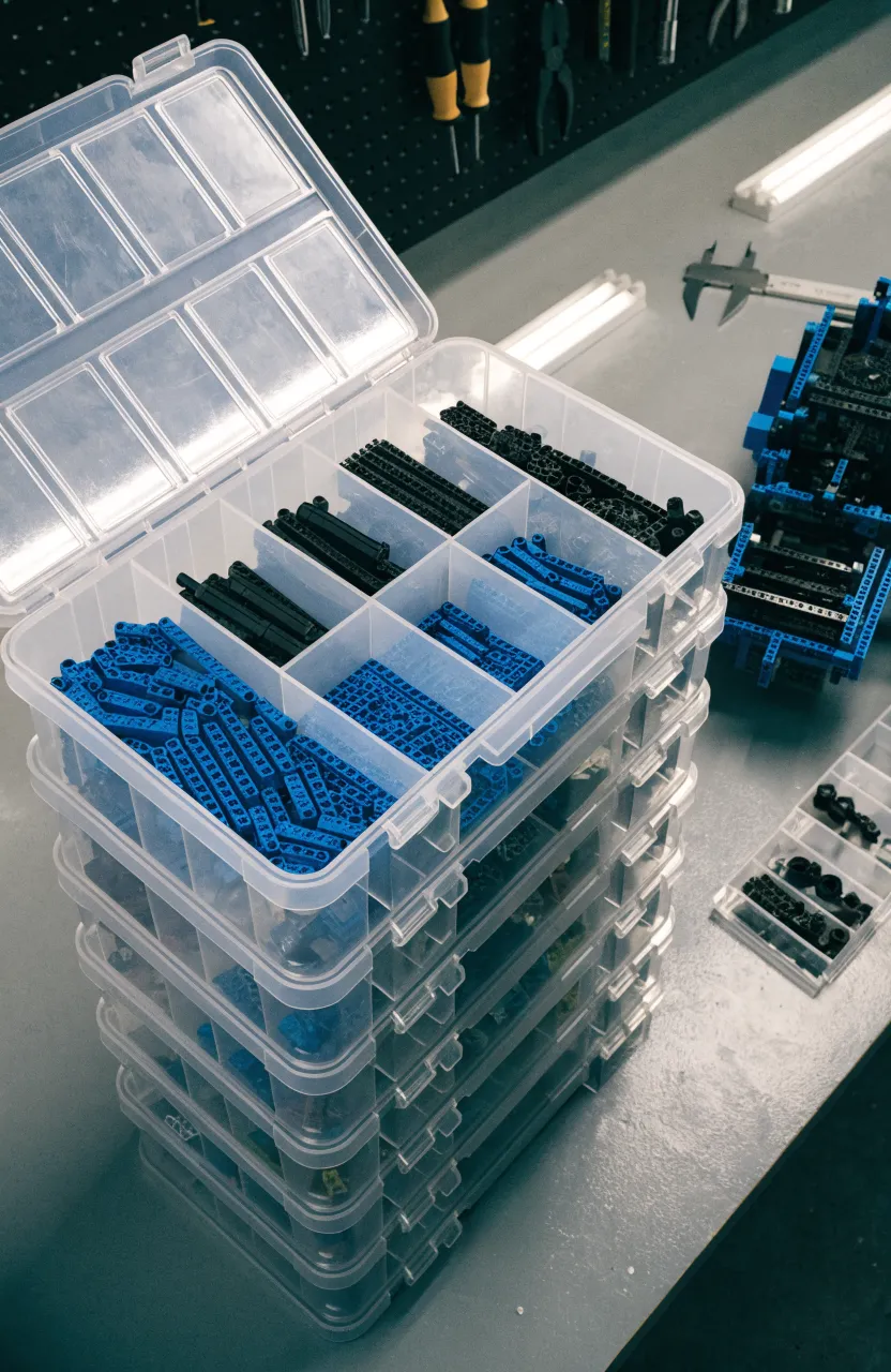 Clear plastic tackle boxes with neatly sorted Lego Technic connectors and pins on a grey workbench.