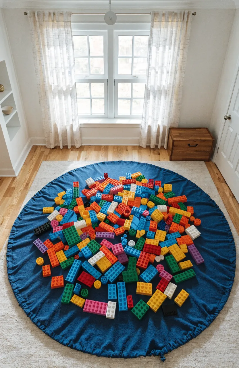A blue circular drawstring play mat covered in colorful Lego bricks in a sunlit, modern playroom.