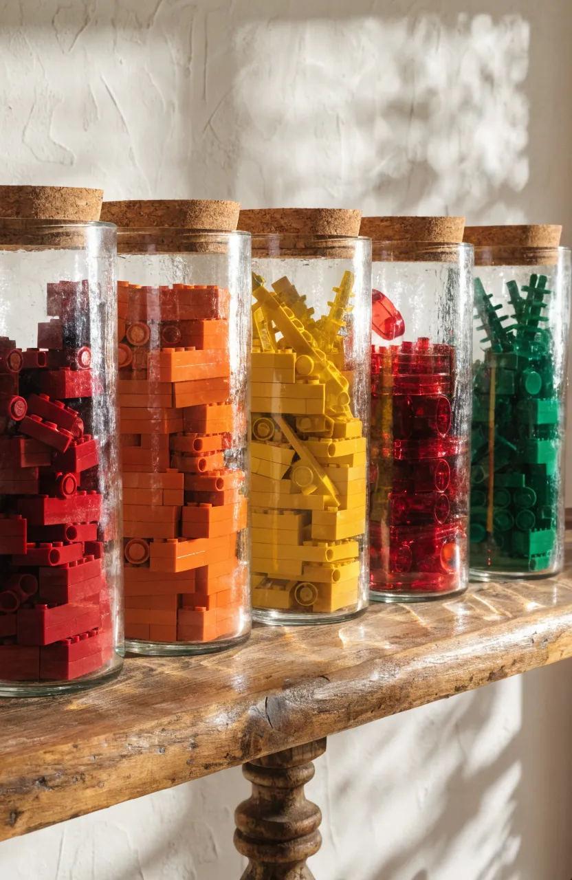 Color-sorted Lego bricks inside clear glass jars with cork lids on a rustic wooden shelf.