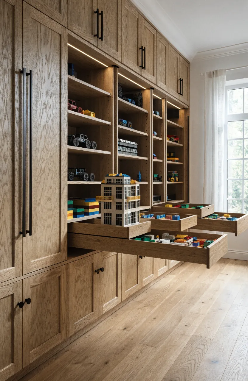A modern oak cabinet with sliding pull-out shelves displaying various completed Lego sets.