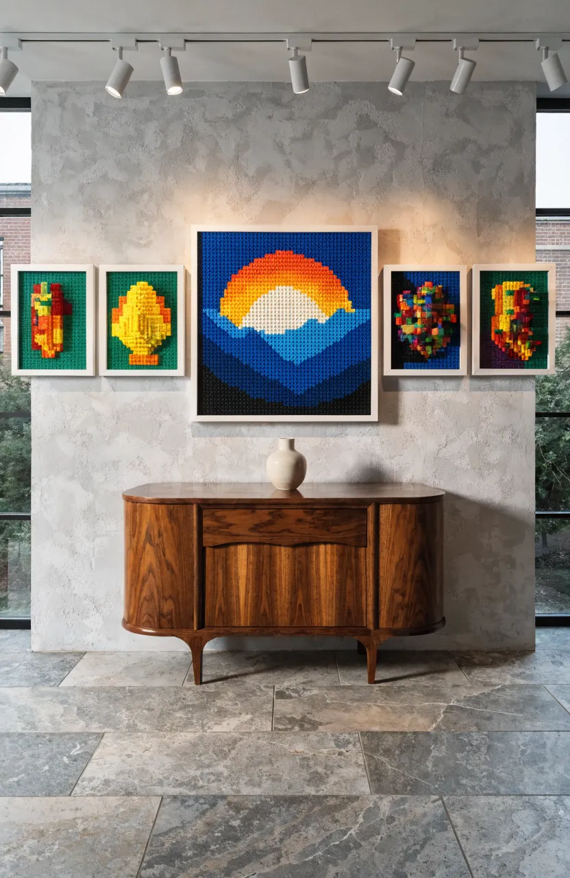 A gallery wall with framed Lego baseplates showing colorful 3D brick mosaics in a modern room.