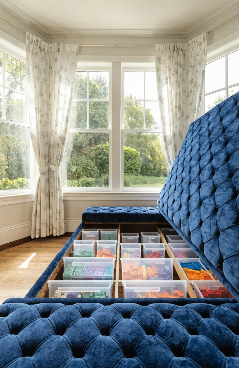 A navy blue storage bench with an open lid revealing organized bins of Lego bricks inside.