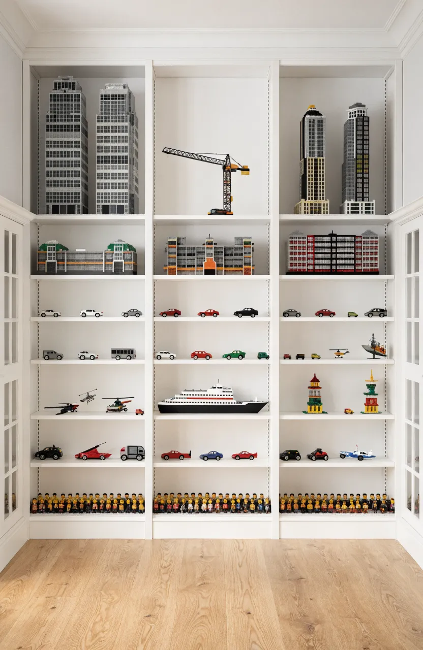 A wall of white bookcases with adjustable shelves displaying a large and varied Lego collection.