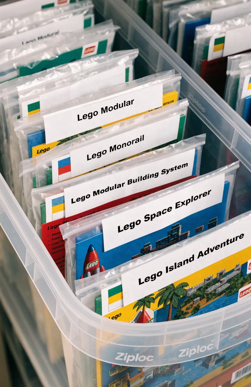 Lego instruction manuals neatly organized in labeled plastic bags inside a storage container.
