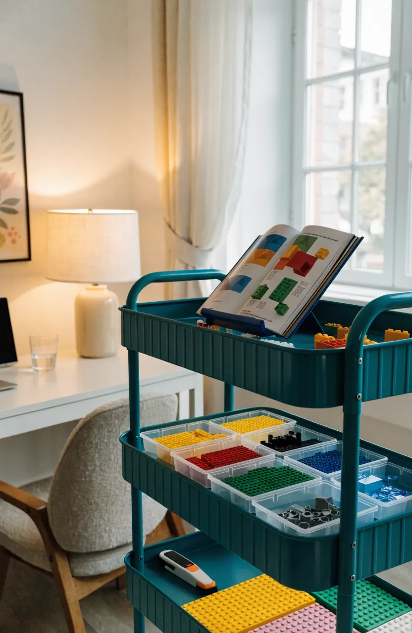 A teal three-tier rolling cart organized with Lego parts and instructions next to a desk.
