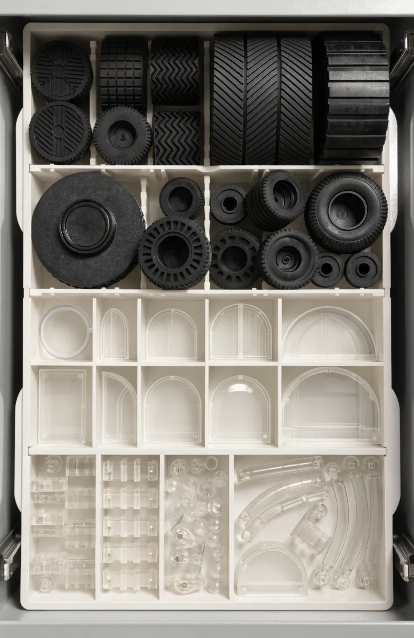 A top-down view of a drawer with dividers sorting Lego wheels, windows, and hinge pieces.