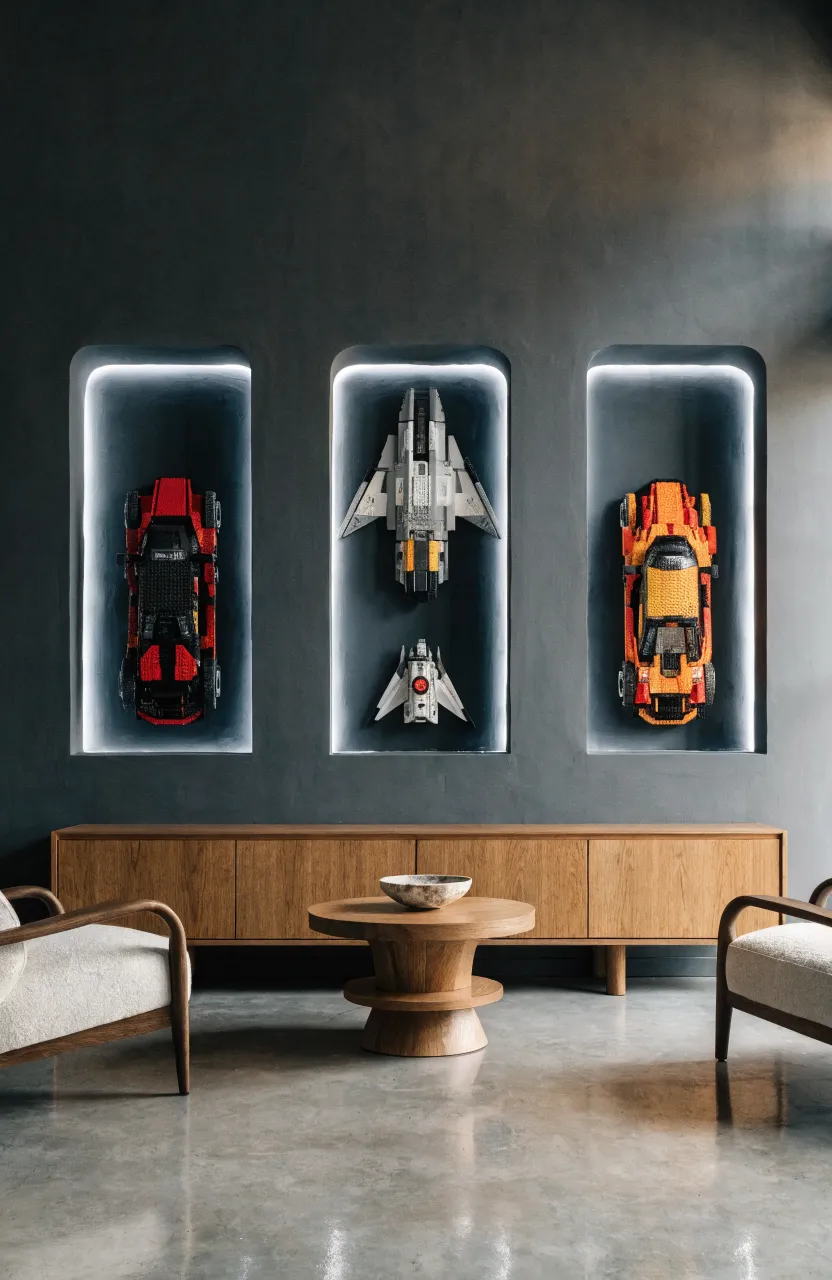Modern gray wall with recessed, backlit niches displaying complex Lego models in a minimalist room.