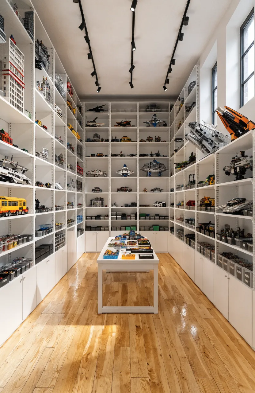 A dedicated hobby room featuring white floor-to-ceiling shelves filled with organized Lego sets.