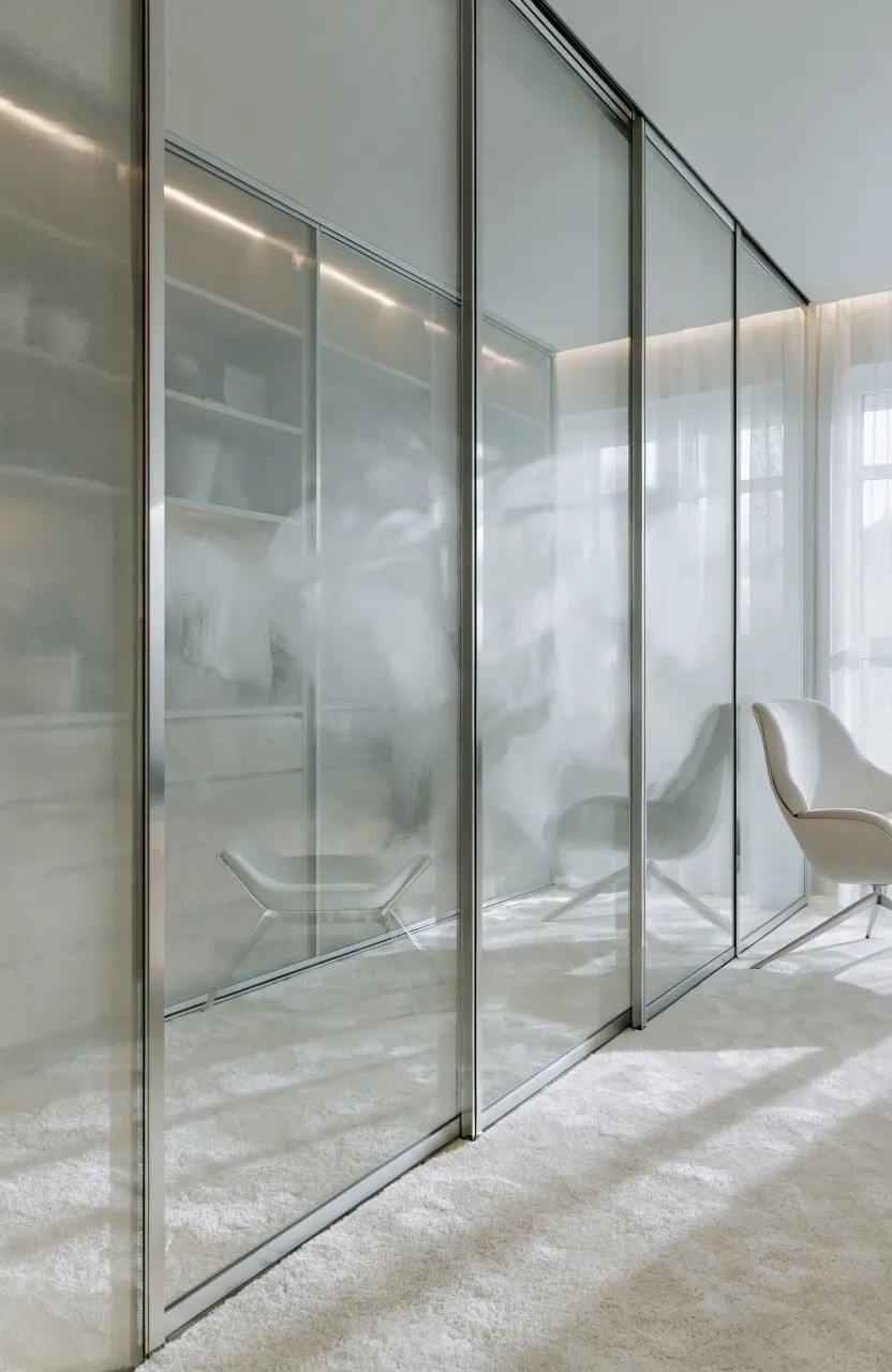 Modern recessed bedroom closet with sliding frosted glass doors and a minimalist silver frame.