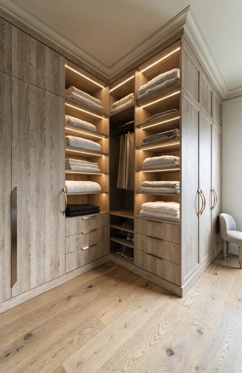 Custom L-shaped corner closet in a bedroom with light wood finish and built-in lighting.