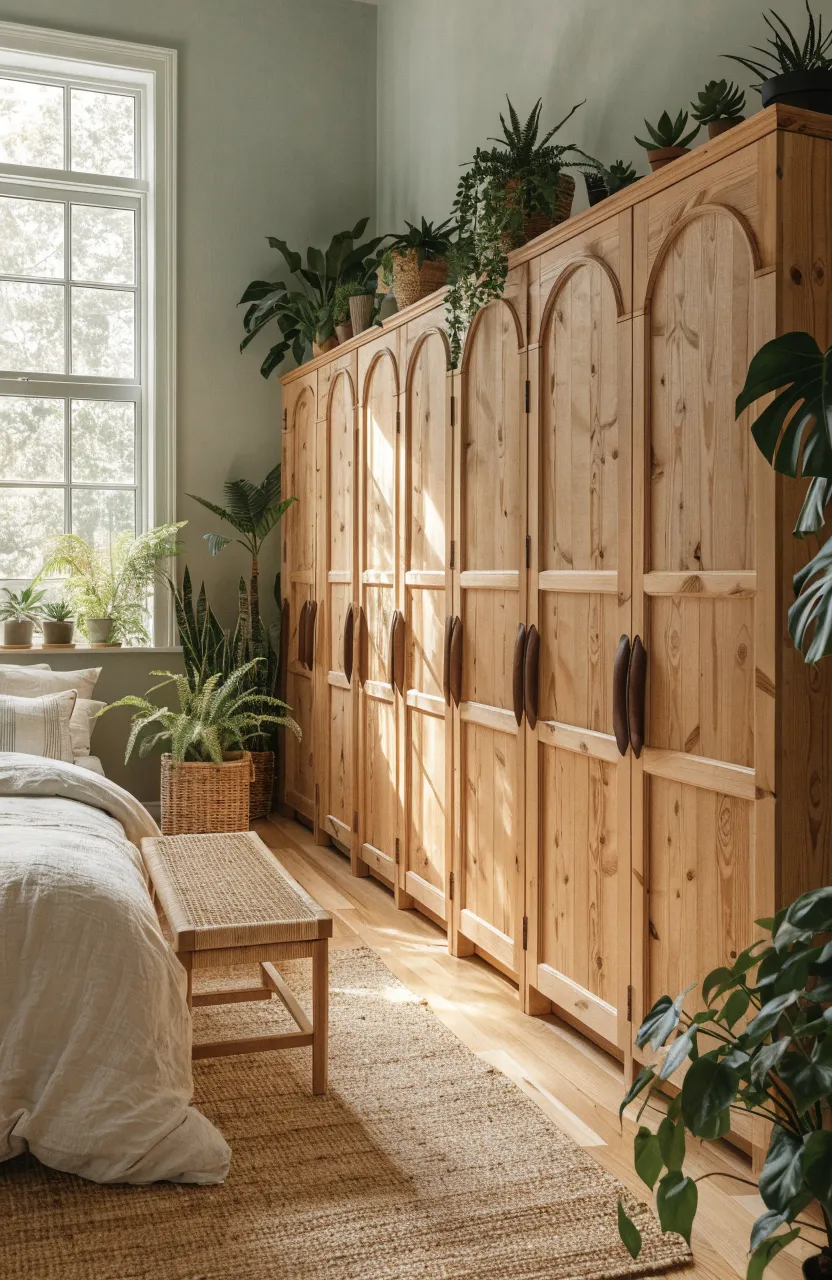 Row of identical freestanding pine wood wardrobes lined up against a bedroom wall for a built-in look.