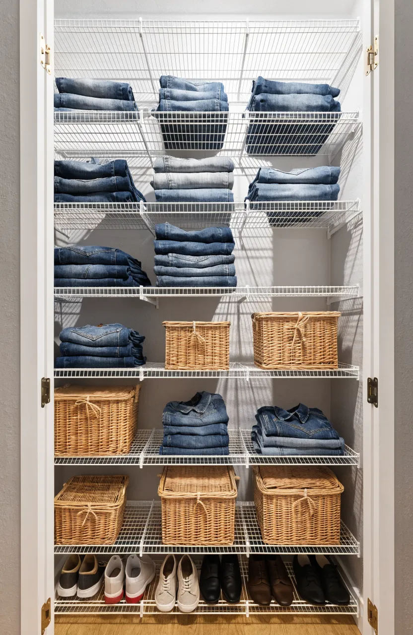 A reach-in closet featuring white adjustable wire shelving with organized clothes and storage bins.