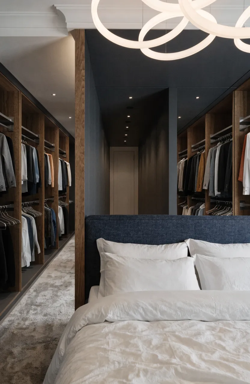 A bedroom layout showing a bed with a walk-through closet hidden behind the headboard wall.