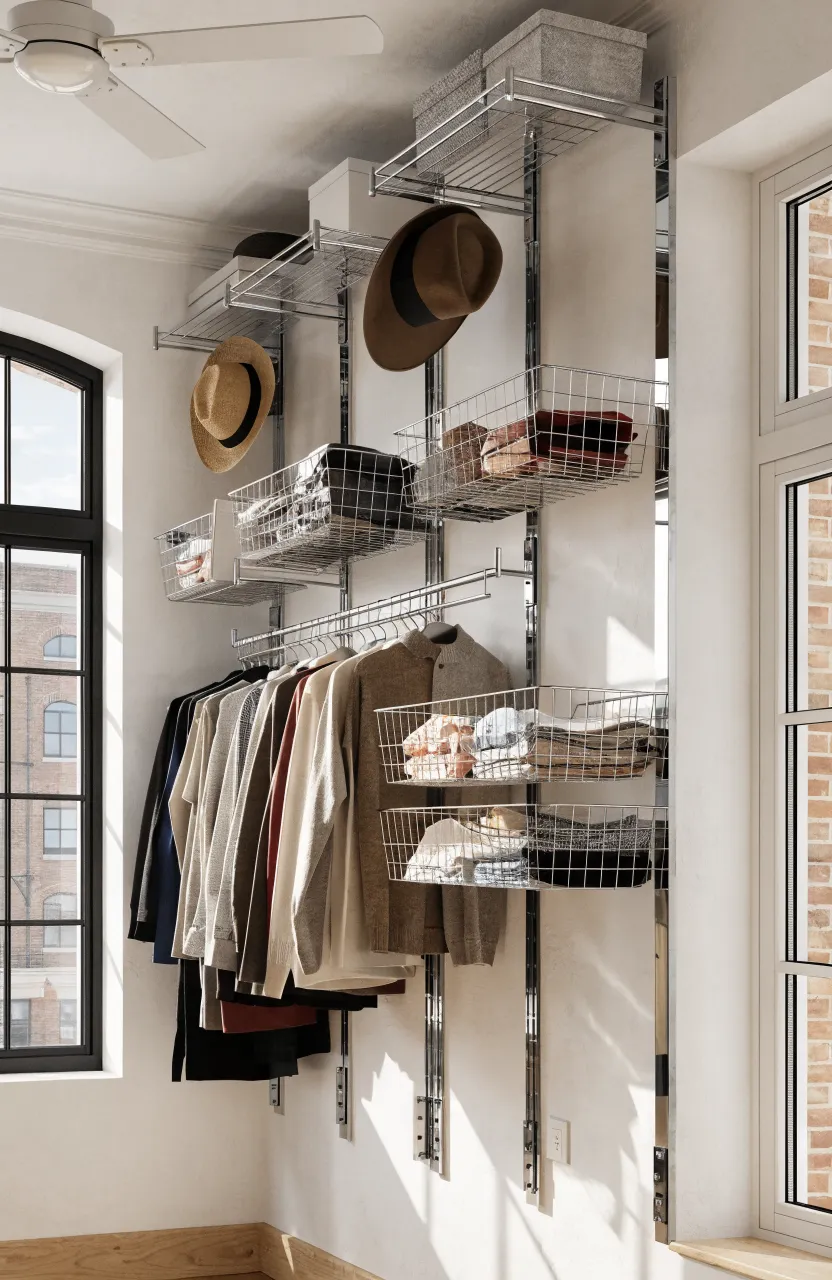 A modular wall-mounted track closet system with adjustable wire baskets and hooks in a small room.