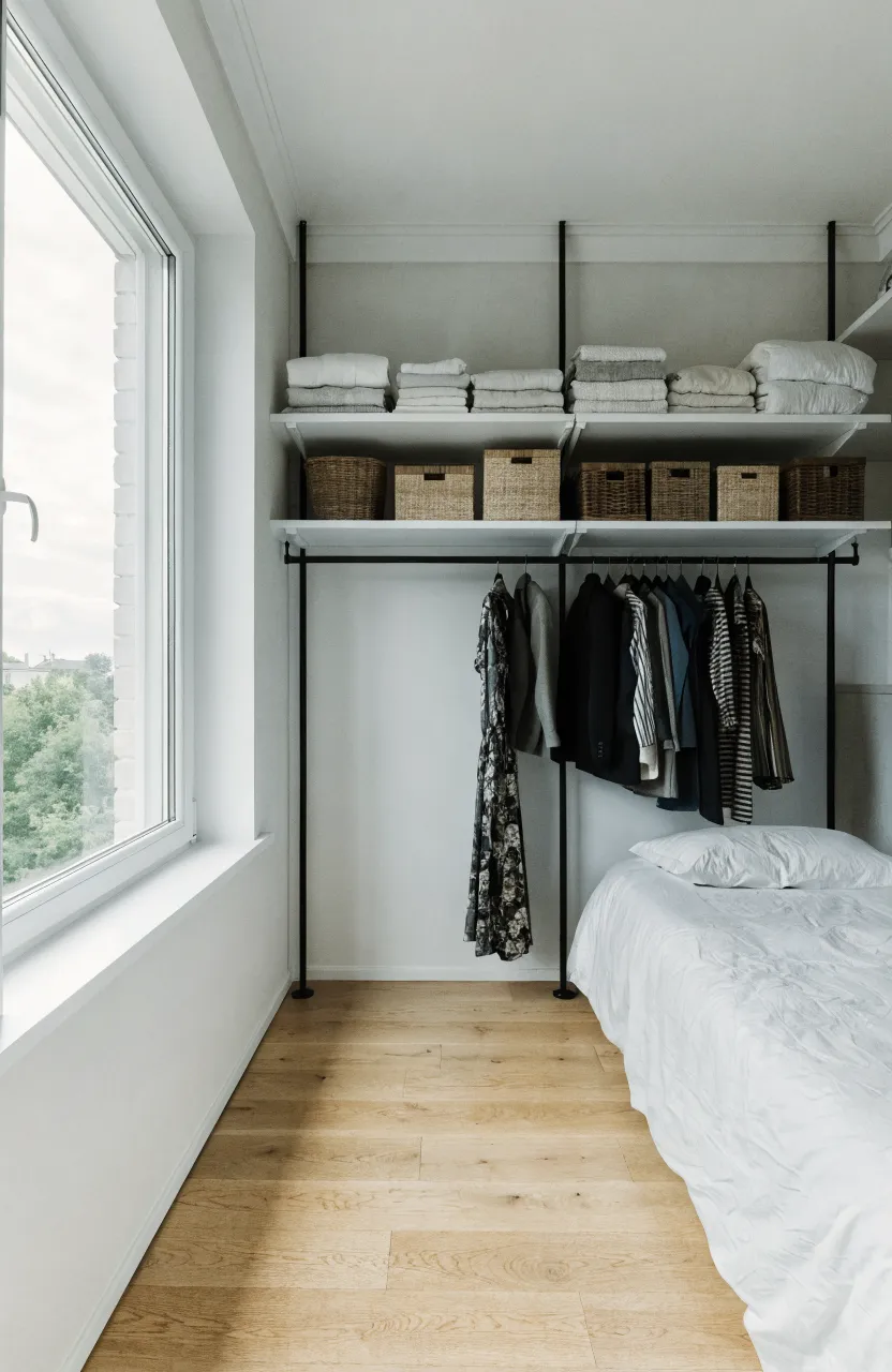 A small bedroom featuring a wall closet with high floating shelves and low hanging rods to maximize floor space.