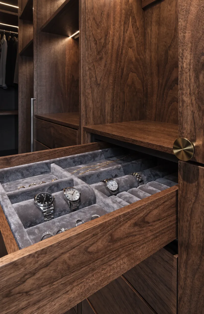 An open closet drawer lined with grey velvet holding organized jewelry and watches.
