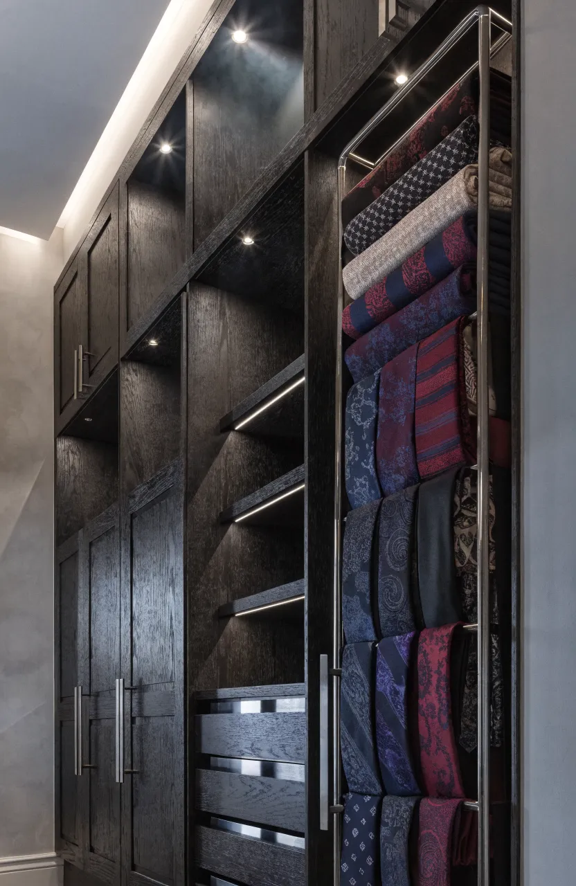 A full-wall dark wood closet featuring a pull-out rack for organized ties and scarves.