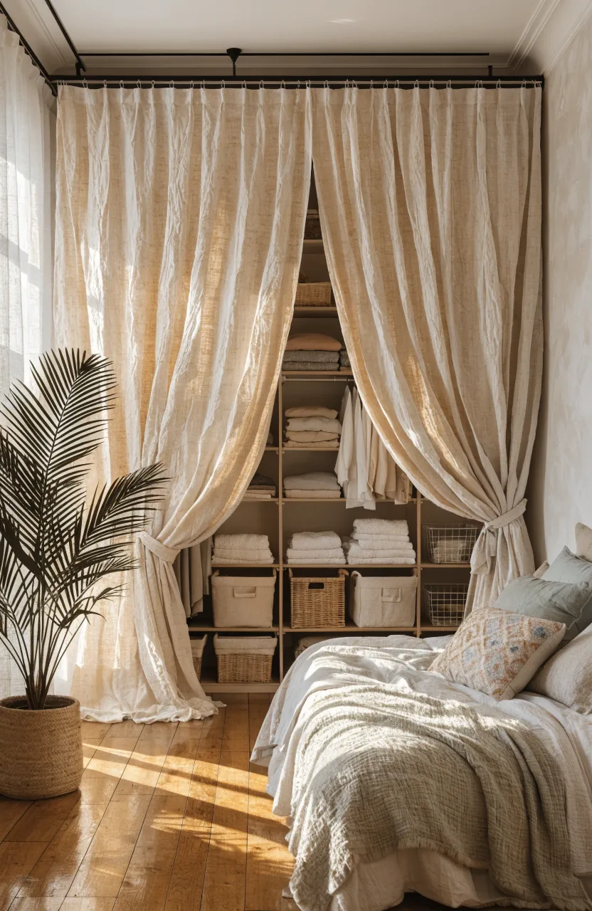 A budget-friendly wall closet using floor-to-ceiling cream curtains as a partition.